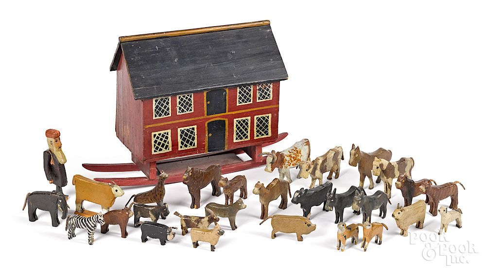 Appraisal: Painted Noah's Ark and carved animals American painted Noah's Ark