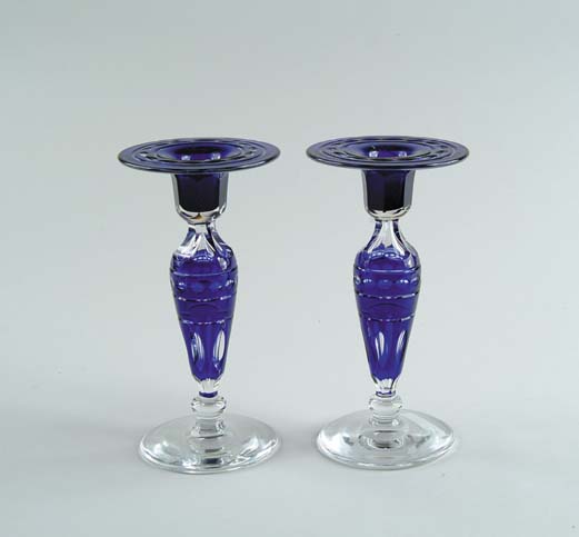 Appraisal: CUT BLUE TO CLEAR BOHEMIAN TYPE GLASS CANDLESTICKS Clear round