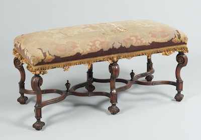 Appraisal: A Large Carved Wood Bench with Antique Needlepoint and Pettipoint