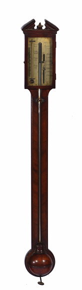 Appraisal: A GEORGE III MAHOGANY STICK BAROMETER the case with break