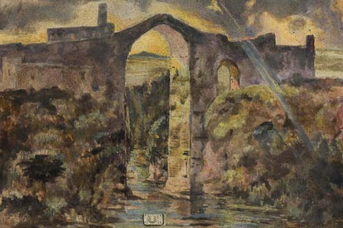 Appraisal: EUGENE BERMAN Landscape with an Arched Bridge Watercolor on cream