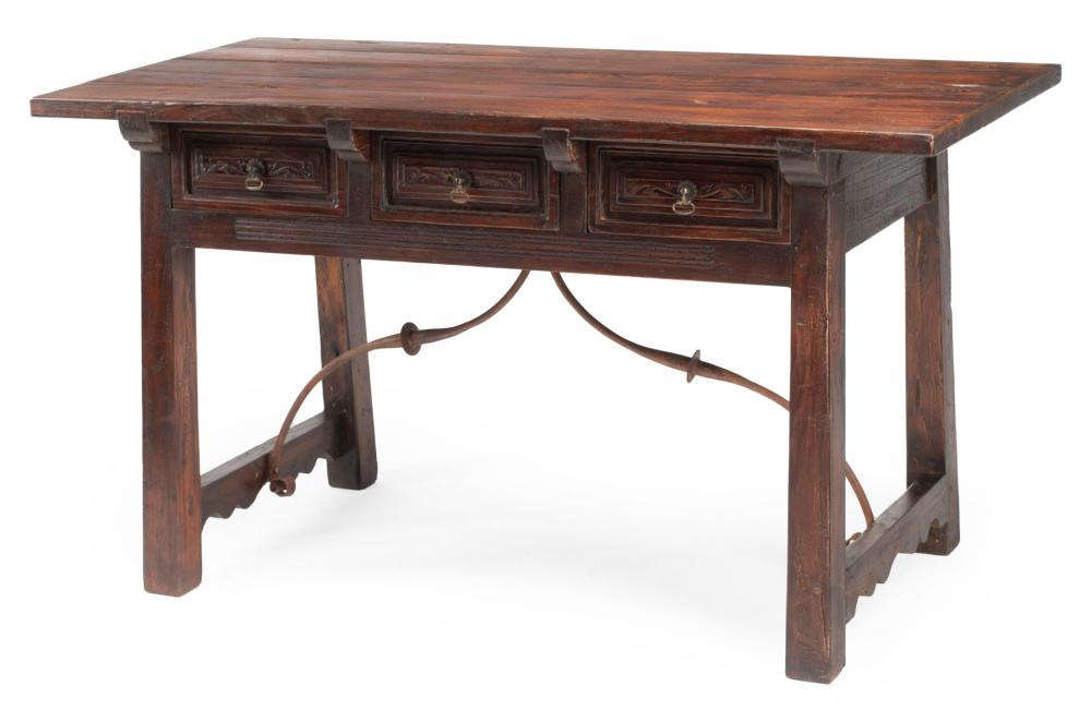 Appraisal: Spanish Colonial Hardwood Trestle Table three frieze drawers serpentine stretchers