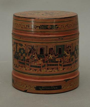 Appraisal: Thai Red and Black Lacquer Cylindrical Box Together with beaded