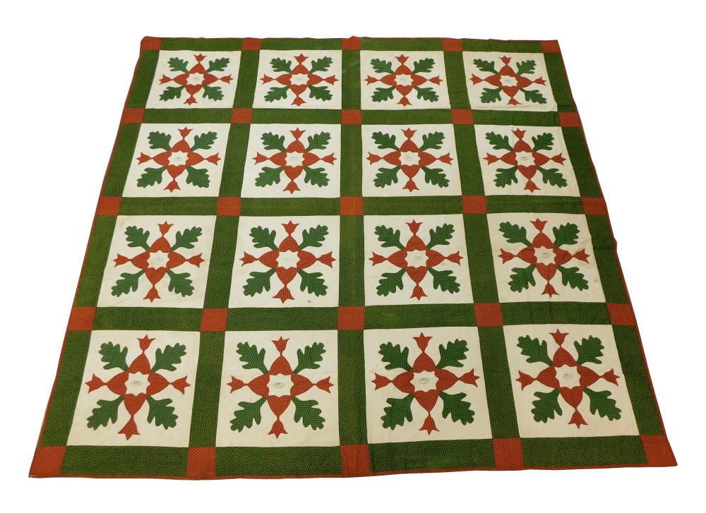 Appraisal: TEXTILE Appliqu quilt with oak leaf hearts and tulips in