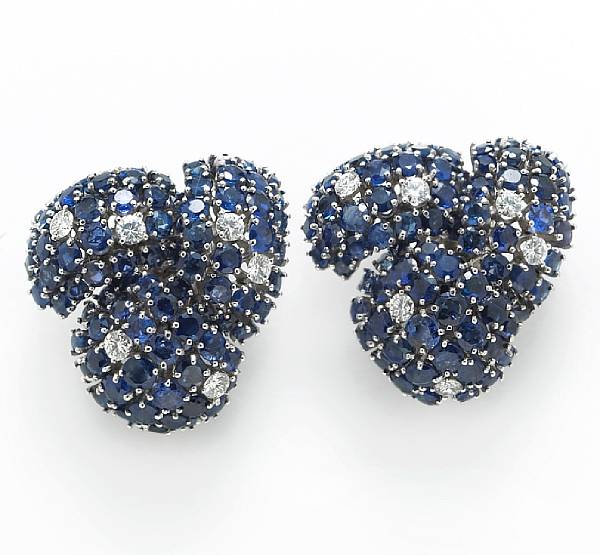 Appraisal: A pair of sapphire and diamond earrings estimated total diamond