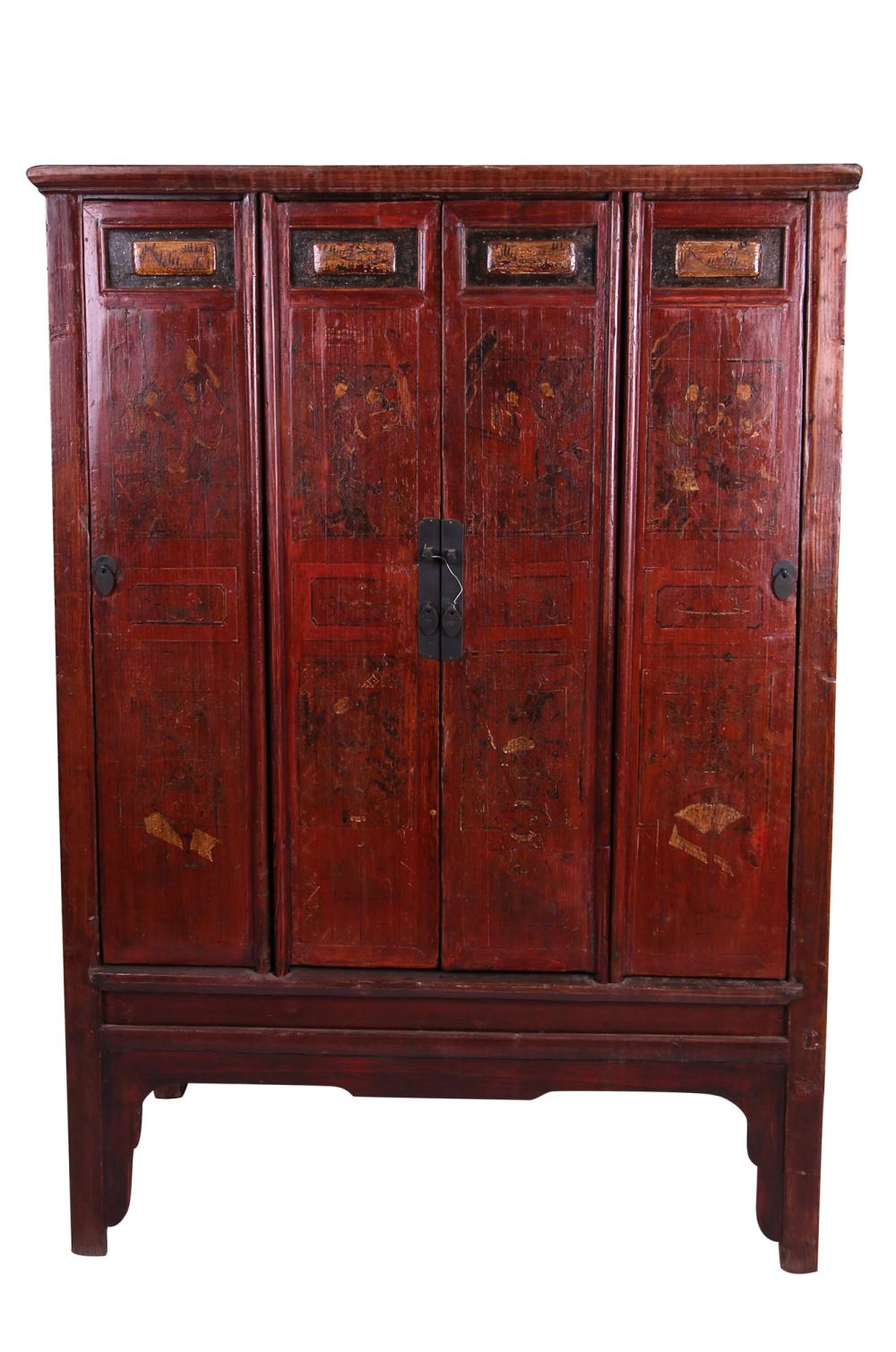 Appraisal: CHINESE RED LACQUERED FOUR-DOOR CABINETCondition with losses to finish throughout