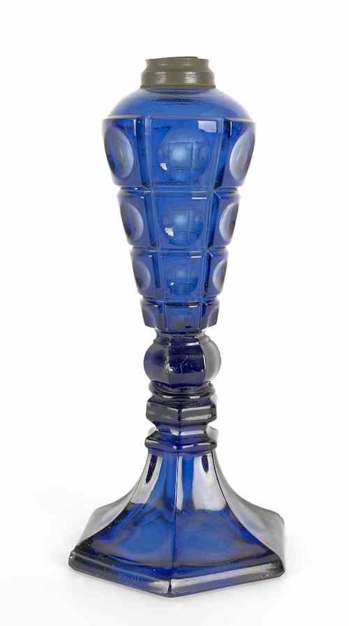 Appraisal: Sandwich Glassworks cobalt whale oil lamp ca h