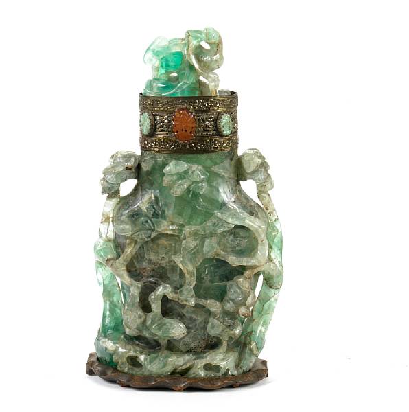 Appraisal: A Chinese carved hardstone tall vase with duck finial height