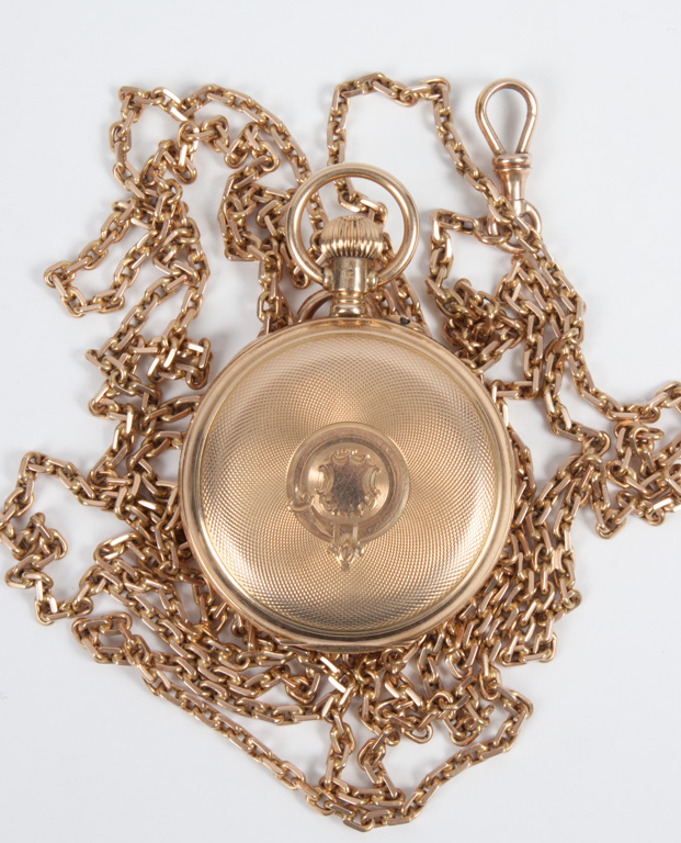 Appraisal: H Moser K gold pocket watch chain jewels machine-engraved hunting