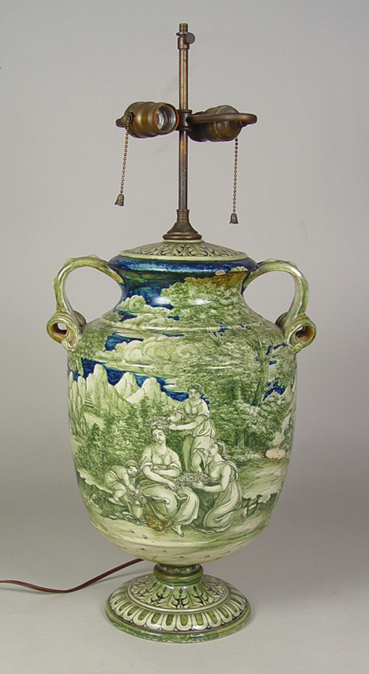 Appraisal: Italian Classical Style Urn Hand painted with green and cobalt