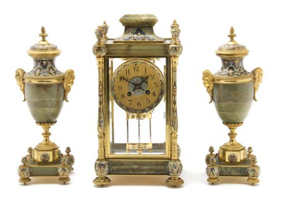 Appraisal: n Onyx and Champleve Clock Garniture Set comprised of a