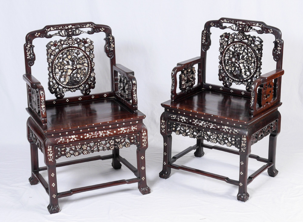 Appraisal: PAIR MOTHER OF PEARL INLAID CHAIRS Carved and pierced frames