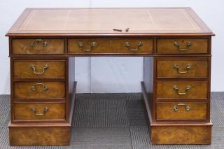 Appraisal: Burlwood Campaign Desk Vintage With inset tooled leather top and