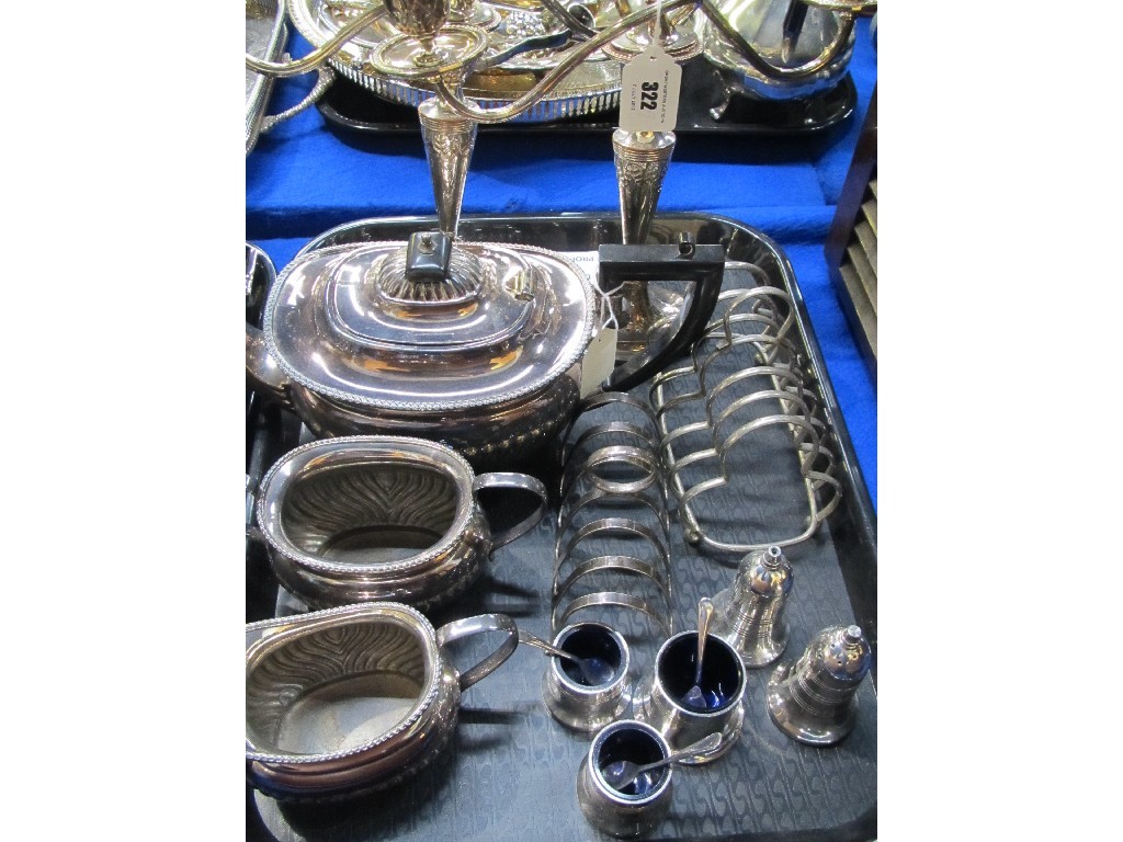 Appraisal: A tray lot of EP pair of candelabra tea service