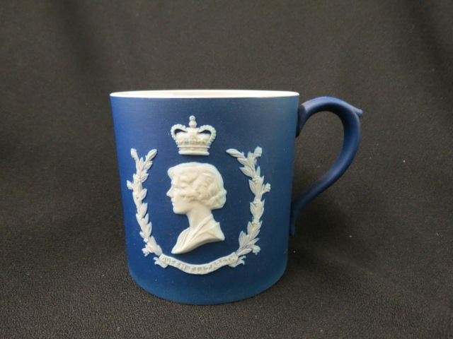 Appraisal: Wedgwood Jasperware Coronation Mug Queen Elizabeth dark blue excellent