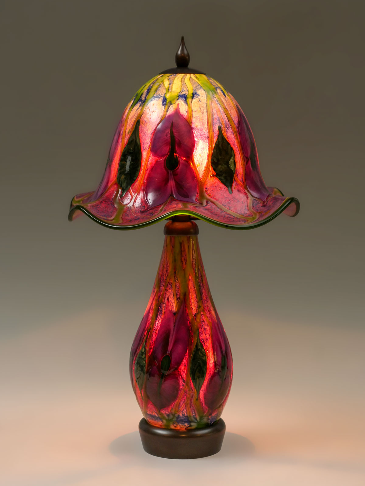 Appraisal: DANIEL LOTTON SIGNED ART GLASS FUCHSIA LAMP Fuchsia multi-flora art