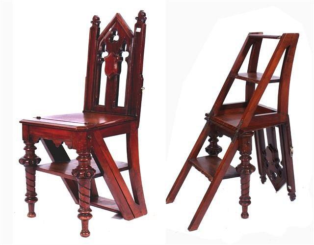 Appraisal: A VICTORIAN GOTHIC MAHOGANY METAMORPHIC HALL CHAIR CUM LIBRARY STEPS