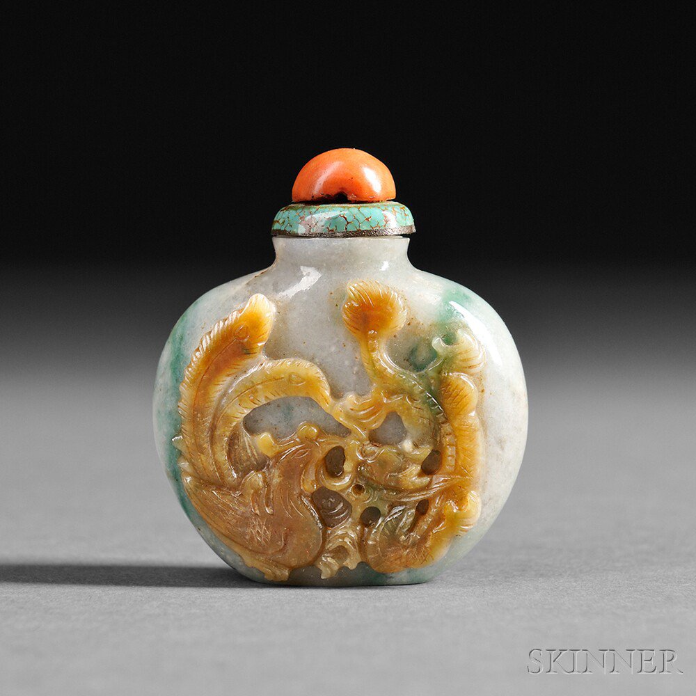 Appraisal: Jade Snuff Bottle with Phoenix and Dragon China th th