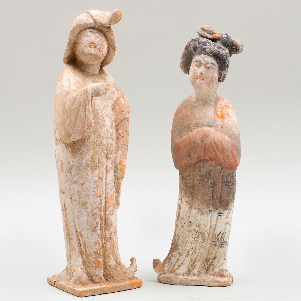 Appraisal: Two Chinese Painted Pottery Figures of Court Ladies Two Chinese