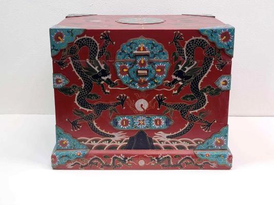 Appraisal: Chinese Wood Box w Dragon Motifs Cloisonn MountsA Chinese made