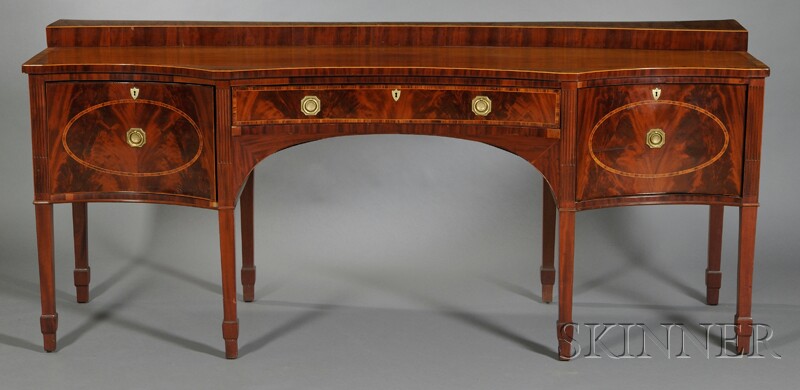 Appraisal: Veneered Sideboard th century shaped rectangular top with concave gallery