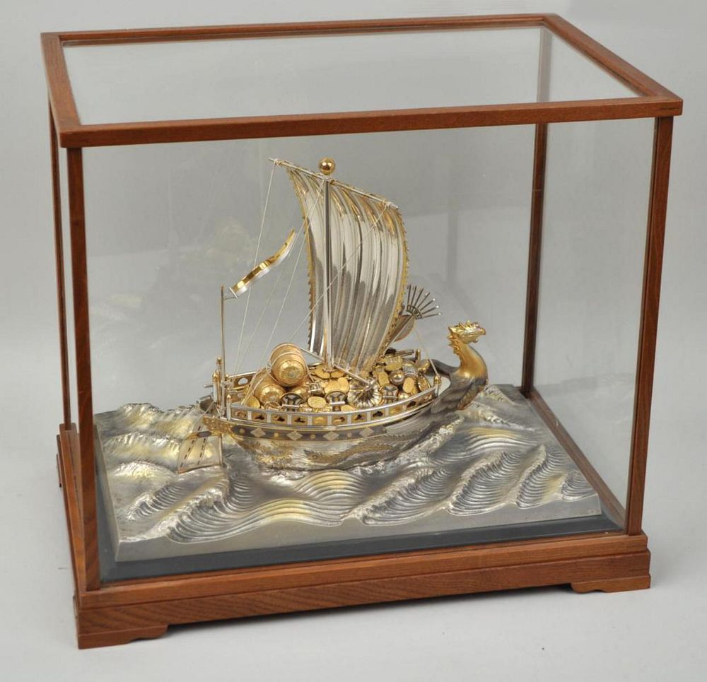 Appraisal: Takehiko Seki Japanese Silver Treasure Ship in wood and glass