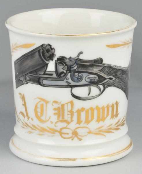 Appraisal: Side-by-Side Double Barrel Shotgun Shaving Mug Description Gilt name A