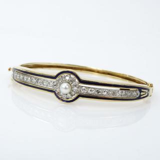 Appraisal: Vintage Diamond Pearl Enamel and Karat Yellow Gold Bangle Bracelet