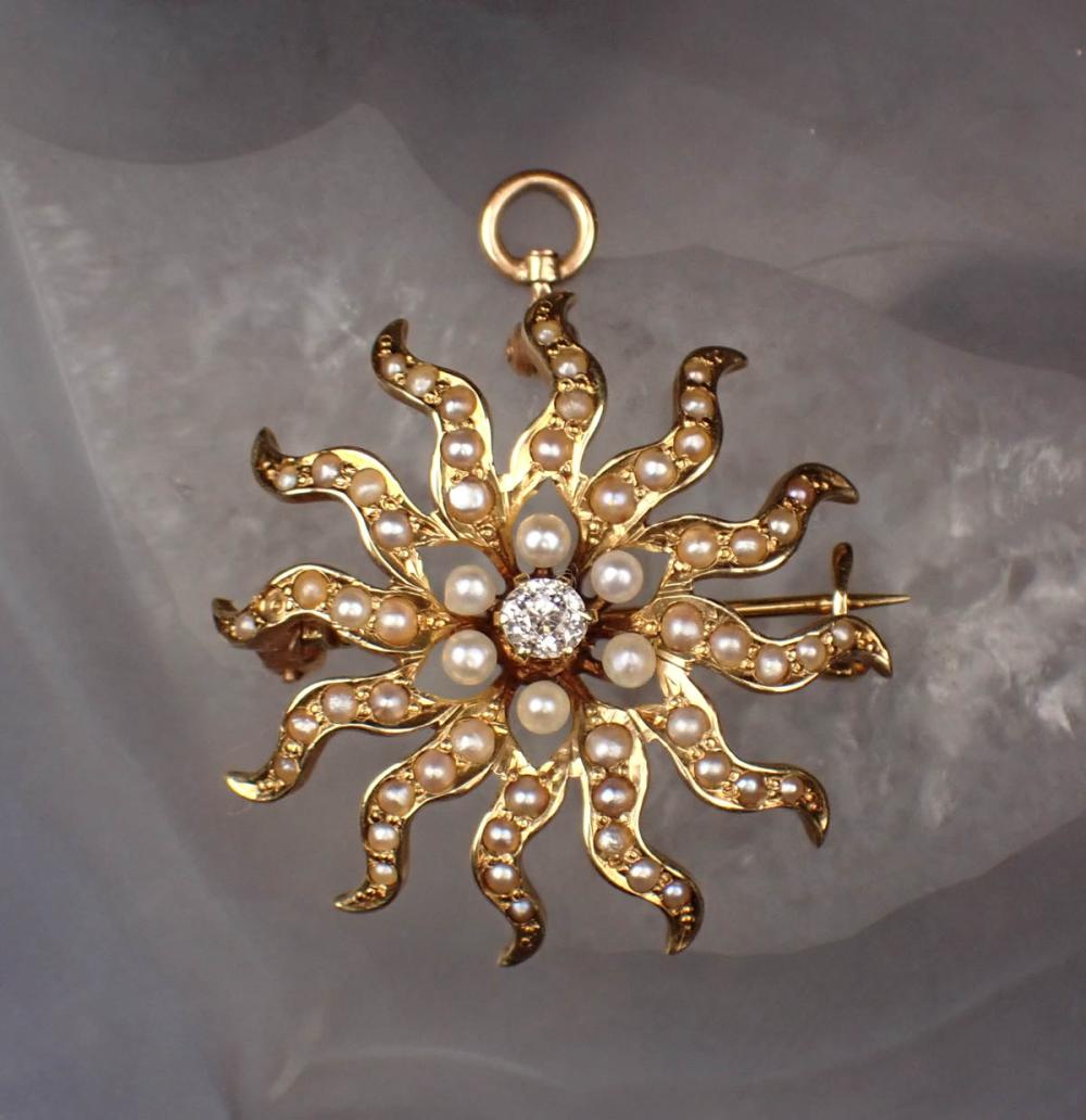 Appraisal: DIAMOND SEED PEARL AND FOURTEEN KARAT GOLD PENDANT PIN The