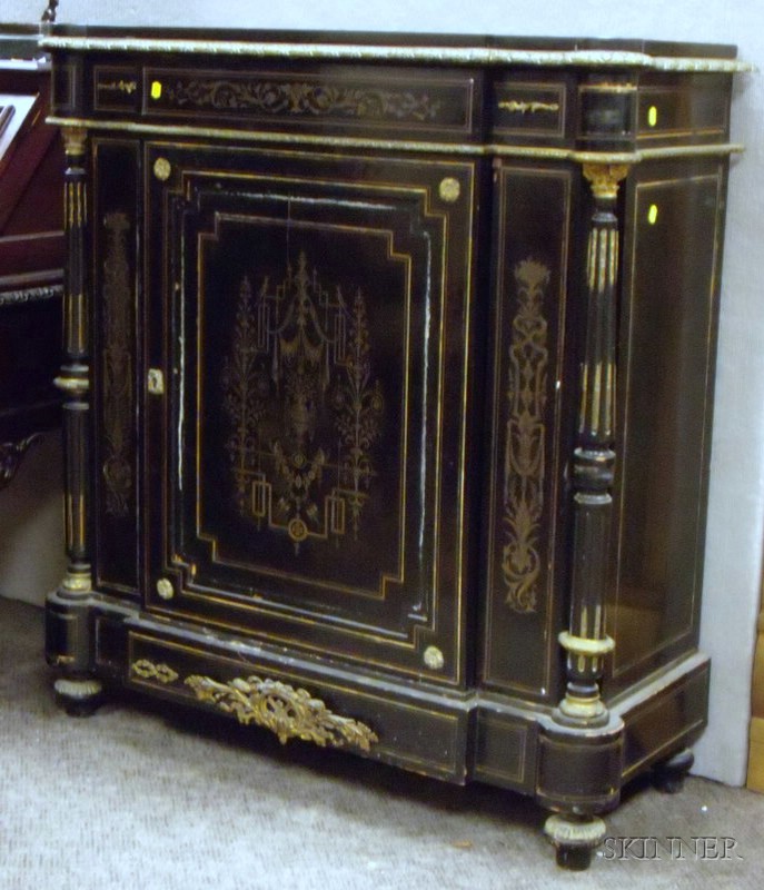 Appraisal: French Empire Marble-top Ormolu-mounted and Brass Inlaid Black Lacquer Side