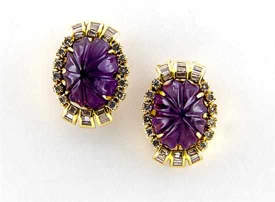 Appraisal: Carved gemstone and gold earrings x mm oval carved purple