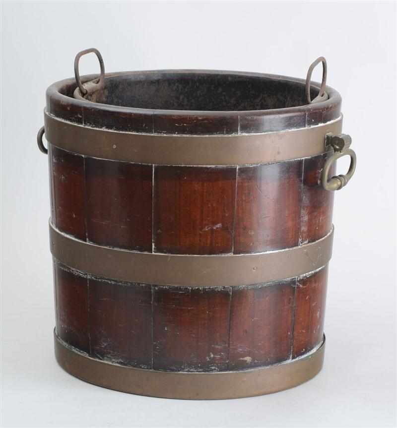 Appraisal: GEORGE III STYLE BRASS-MOUNTED MAHOGANY PEAT PAIL The cylindrical bowl