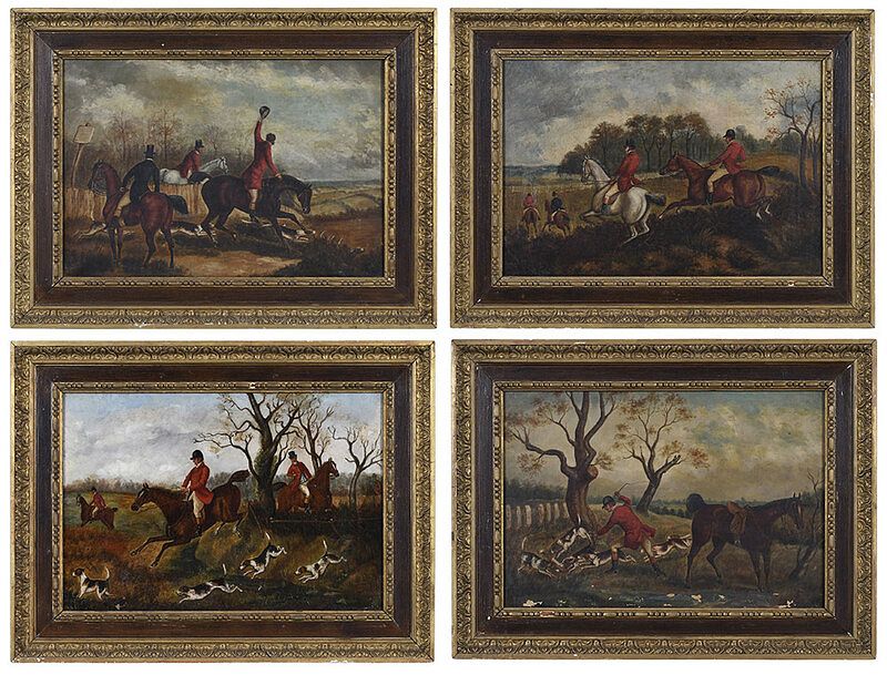 Appraisal: Four British Fox Hunting Paintings th century Clearing a Stream