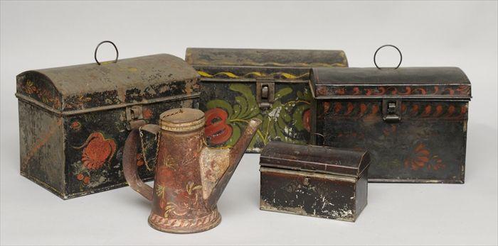 Appraisal: FOUR TOLEWARE DOME-TOP BOXES AND A SMALL LIGHTHOUSE COFFEE POT