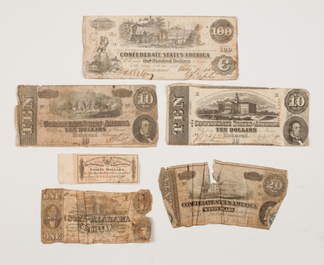 Appraisal: Six pieces of Confederate currency comprising Bearer Note dated May