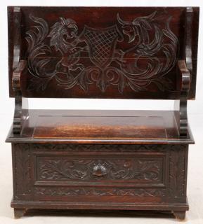 Appraisal: CARVED OAK MONK'S BENCH TH C CARVED OAK MONK'S BENCH