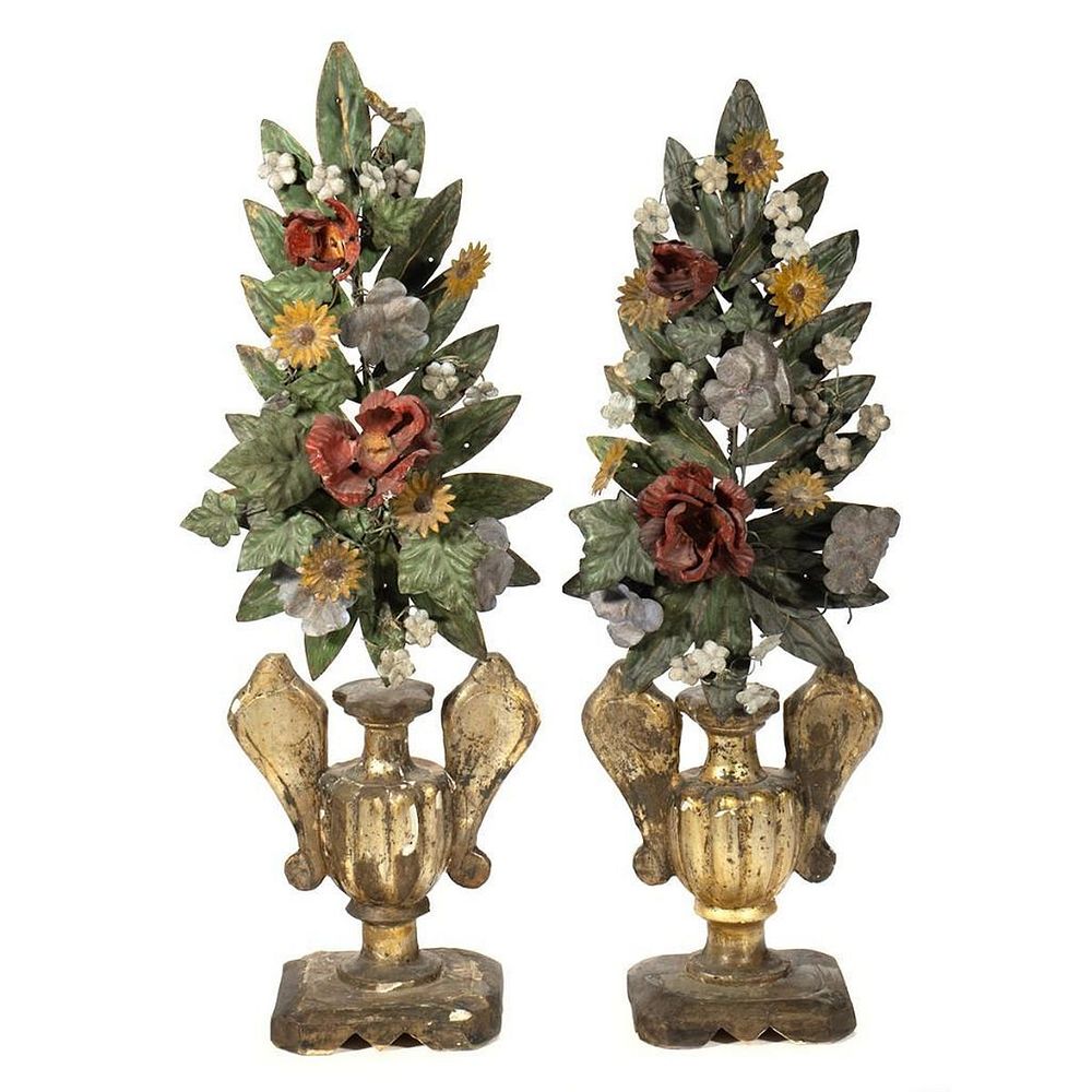 Appraisal: Pair Italian Gilt Wood Altar Urns with Tole Flowers The