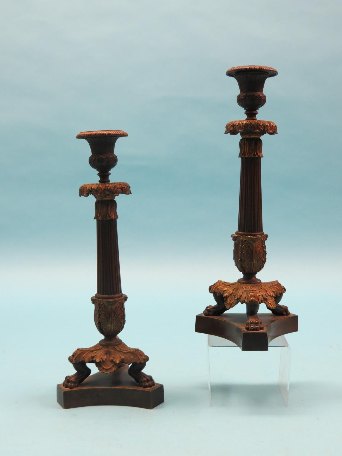 Appraisal: A pair of Regency-period bronze-brass and parcel-gilt candlesticks classical form