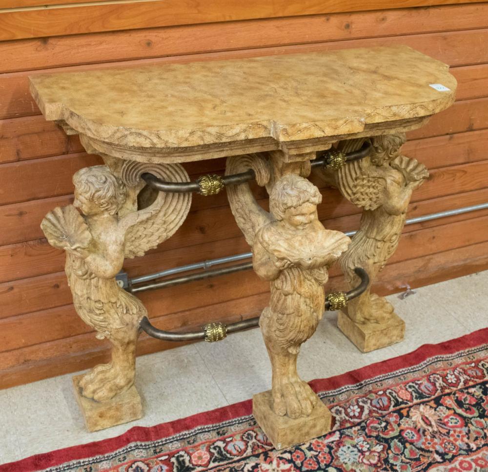 Appraisal: TRIPLE FIGURAL CAST FAUX STONE CONSOLE TABLE made in the