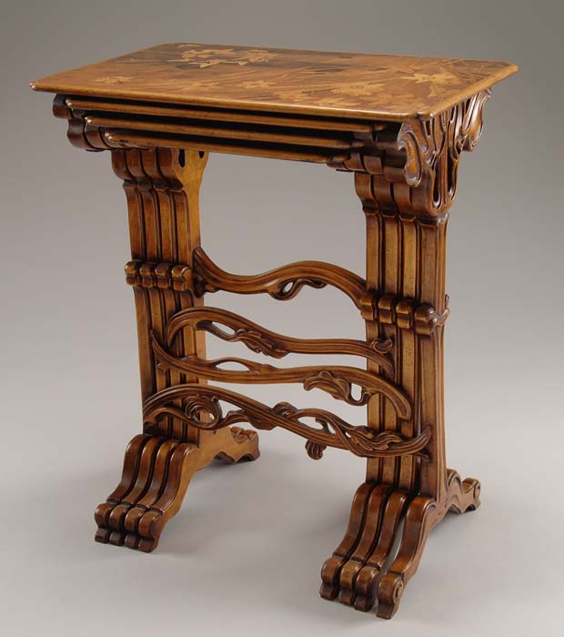 Appraisal: GALLE MARQUETRY NESTING TABLES Outstanding set of Gall tables have