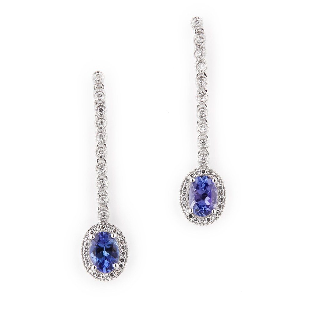 Appraisal: A pair of Tanzanite and diamond set pendant earrings each