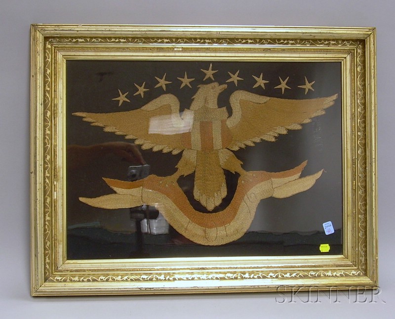 Appraisal: Giltwood Framed Asian Embroidered Eagle and Banner F O E