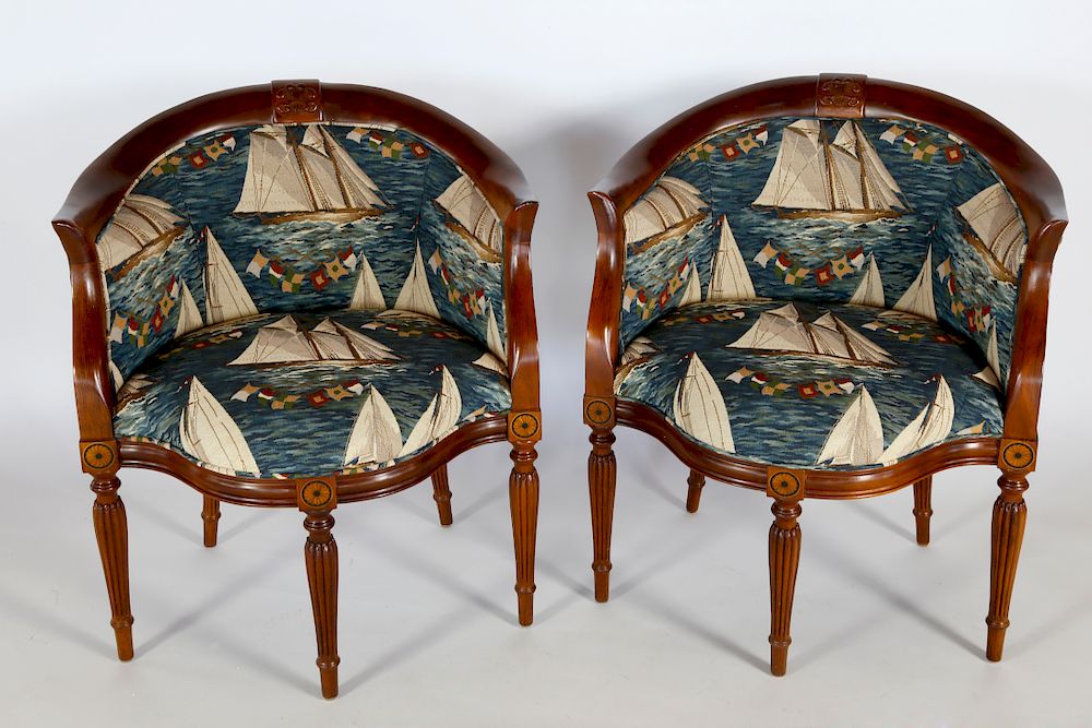 Appraisal: Pair of Inlaid Mahogany Southwood Sailboat Upholstered Tub Chairs Exclusive