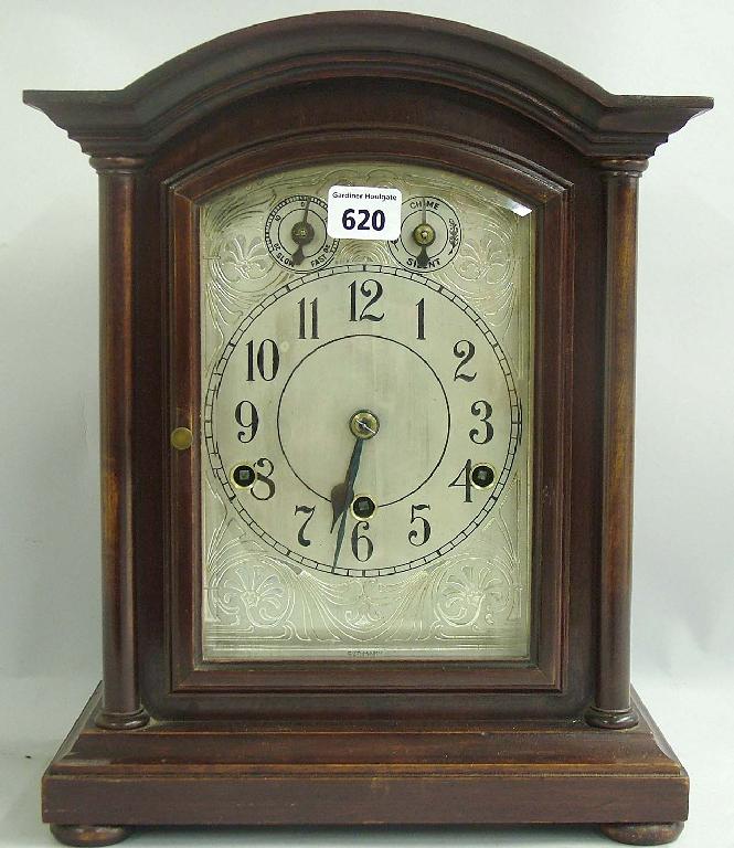 Appraisal: German mahogany three train bracket clock the movement striking and