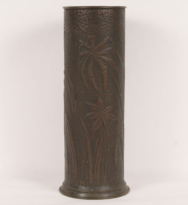 Appraisal: Hammered copper umbrella stand with embossed tropical jungle decoration good