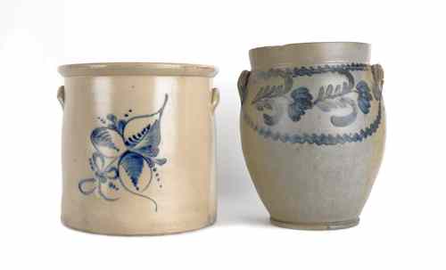 Appraisal: Two blue decorated stoneware crocks th c h and h