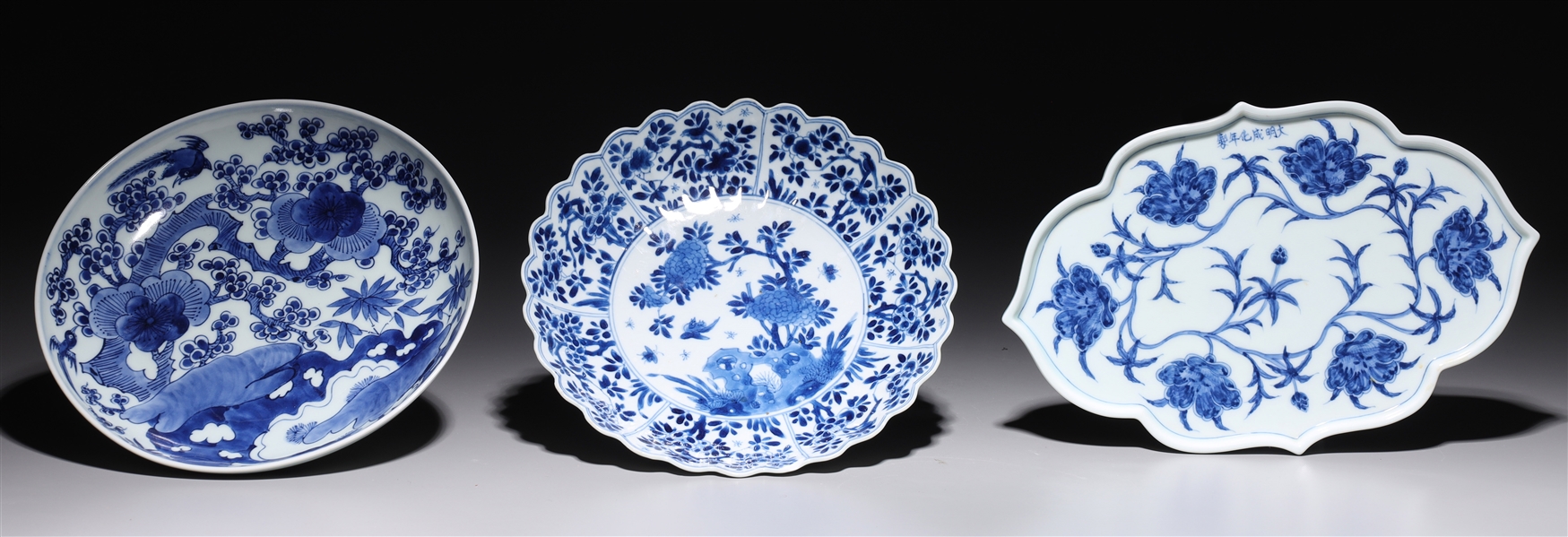 Appraisal: Group of three Chinese blue and white porcelains including dish