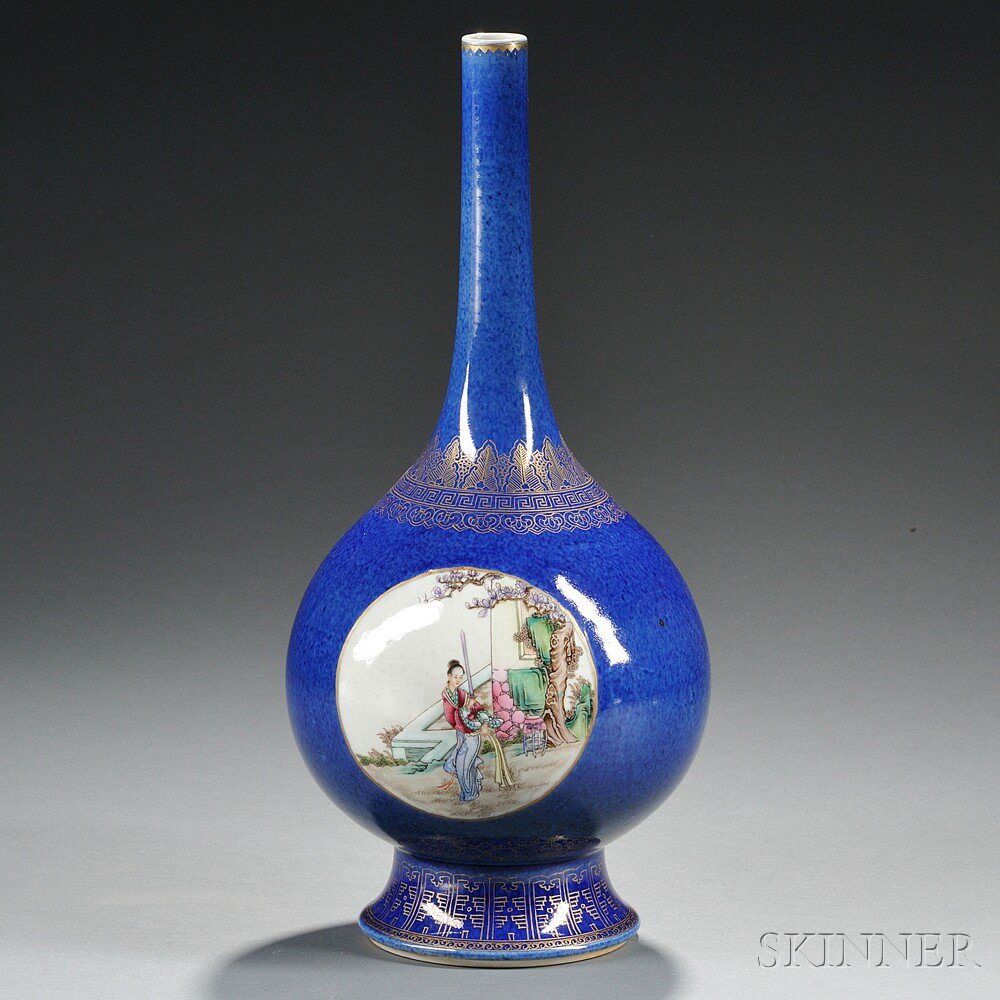 Appraisal: Blue-glazed Famille Verte Bottle Vase China pear-shape with long neck