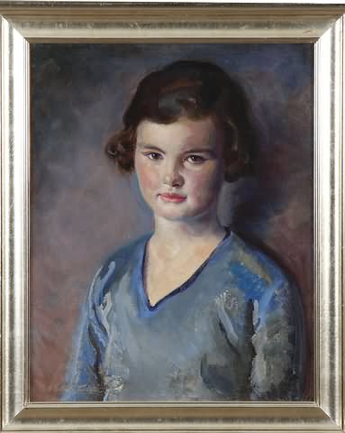 Appraisal: Little Girl in Blue Dress Mary Sweeny oil on canvas