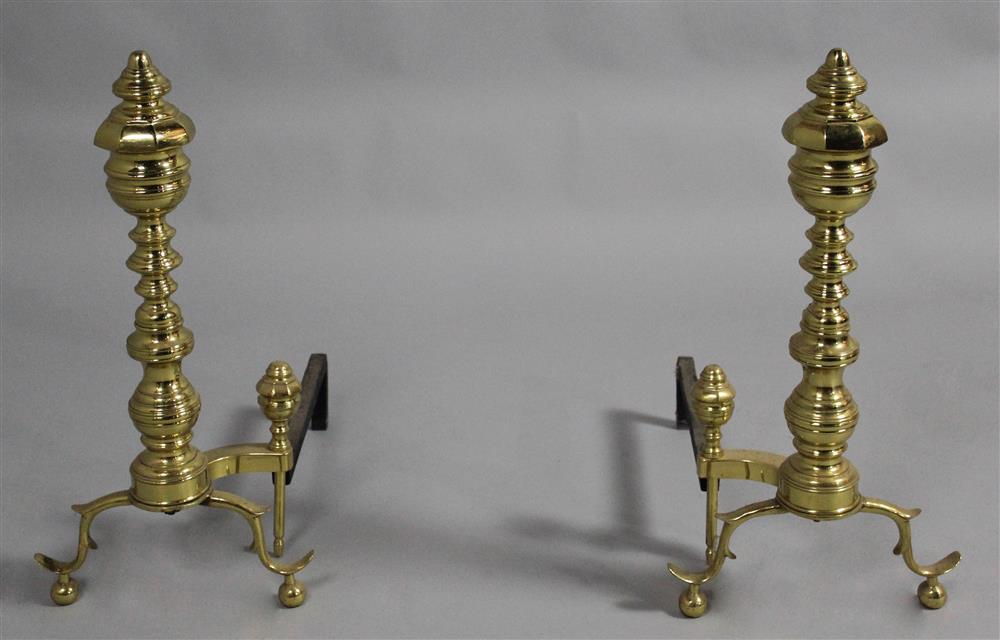 Appraisal: PAIR OF WILLIAM IV BRASS ANDIRONS molded with cabriole legs